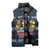 Funny Duck Characters Christmas Quacker Quote Sleeveless Puffer Jacket with Navy Tree Pattern Design - Wonder Print Shop