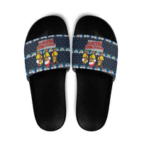 Funny Duck Characters Christmas Quacker Quote Slide Sandals with Navy Tree Pattern Design - Wonder Print Shop