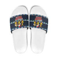 Funny Duck Characters Christmas Quacker Quote Slide Sandals with Navy Tree Pattern Design - Wonder Print Shop
