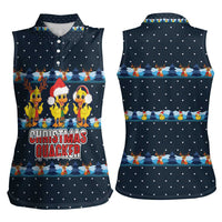 Funny Duck Characters Christmas Quacker Quote Women Sleeveless Polo Shirt with Navy Tree Pattern Design - Wonder Print Shop