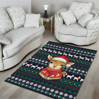 Cute Reindeer in Santa Hat Area Rug with Red Green Snowflake Knit Pattern Design - Wonder Print Shop