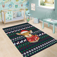 Cute Reindeer in Santa Hat Area Rug with Red Green Snowflake Knit Pattern Design - Wonder Print Shop