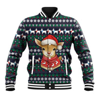 Cute Reindeer in Santa Hat Baseball Jacket with Red Green Snowflake Knit Pattern Design - Wonder Print Shop