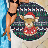 Cute Reindeer in Santa Hat Beach Blanket with Red Green Snowflake Knit Pattern Design - Wonder Print Shop