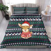 Cute Reindeer in Santa Hat Bedding Set with Red Green Snowflake Knit Pattern Design - Wonder Print Shop