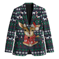 Cute Reindeer in Santa Hat Blazer with Red Green Snowflake Knit Pattern Design - Wonder Print Shop