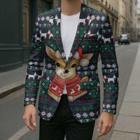 Cute Reindeer in Santa Hat Blazer with Red Green Snowflake Knit Pattern Design - Wonder Print Shop