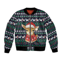 Cute Reindeer in Santa Hat Bomber Jacket with Red Green Snowflake Knit Pattern Design - Wonder Print Shop