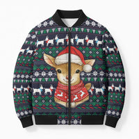 Cute Reindeer in Santa Hat Bomber Puffer Jacket with Red Green Snowflake Knit Pattern Design - Wonder Print Shop