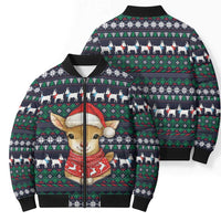 Cute Reindeer in Santa Hat Bomber Puffer Jacket with Red Green Snowflake Knit Pattern Design - Wonder Print Shop