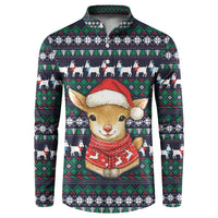 Cute Reindeer in Santa Hat Button Sweatshirt with Red Green Snowflake Knit Pattern Design - Wonder Print Shop