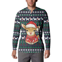 Cute Reindeer in Santa Hat Button Sweatshirt with Red Green Snowflake Knit Pattern Design - Wonder Print Shop