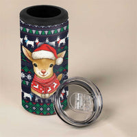 Cute Reindeer in Santa Hat 4 in 1 Can Cooler Tumbler with Red Green Snowflake Knit Pattern Design - Wonder Print Shop