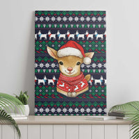 Cute Reindeer in Santa Hat Canvas Wall Art with Red Green Snowflake Knit Pattern Design - Wonder Print Shop