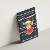 Cute Reindeer in Santa Hat Canvas Wall Art with Red Green Snowflake Knit Pattern Design - Wonder Print Shop