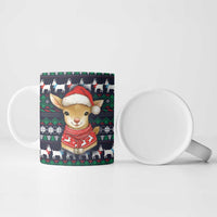 Cute Reindeer in Santa Hat Ceramic Mug with Red Green Snowflake Knit Pattern Design - Wonder Print Shop