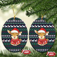 Cute Reindeer in Santa Hat Ceramic Ornament with Red Green Snowflake Knit Pattern Design - Wonder Print Shop