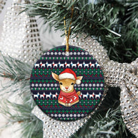 Cute Reindeer in Santa Hat Ceramic Ornament with Red Green Snowflake Knit Pattern Design - Wonder Print Shop