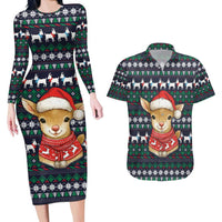 Cute Reindeer in Santa Hat Couples Matching Long Sleeve Bodycon Dress and Hawaiian Shirt with Red Green Snowflake Knit Pattern Design - Wonder Print Shop
