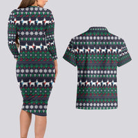 Cute Reindeer in Santa Hat Couples Matching Long Sleeve Bodycon Dress and Hawaiian Shirt with Red Green Snowflake Knit Pattern Design - Wonder Print Shop