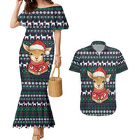 Cute Reindeer in Santa Hat Couples Matching Mermaid Dress and Hawaiian Shirt with Red Green Snowflake Knit Pattern Design - Wonder Print Shop