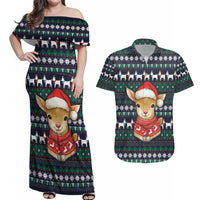 Cute Reindeer in Santa Hat Couples Matching Off Shoulder Maxi Dress and Hawaiian Shirt with Red Green Snowflake Knit Pattern Design - Wonder Print Shop