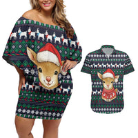 Cute Reindeer in Santa Hat Couples Matching Off Shoulder Short Dress and Hawaiian Shirt with Red Green Snowflake Knit Pattern Design - Wonder Print Shop