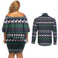 Cute Reindeer in Santa Hat Couples Matching Off Shoulder Short Dress and Long Sleeve Button Shirt with Red Green Snowflake Knit Pattern Design - Wonder Print Shop