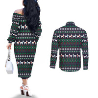 Cute Reindeer in Santa Hat Couples Matching Off The Shoulder Long Sleeve Dress and Long Sleeve Button Shirt with Red Green Snowflake Knit Pattern Design - Wonder Print Shop