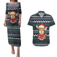 Cute Reindeer in Santa Hat Couples Matching Puletasi and Hawaiian Shirt with Red Green Snowflake Knit Pattern Design - Wonder Print Shop