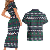 Cute Reindeer in Santa Hat Couples Matching Short Sleeve Bodycon Dress and Hawaiian Shirt with Red Green Snowflake Knit Pattern Design - Wonder Print Shop