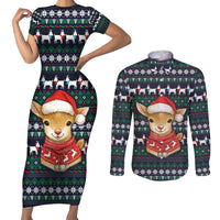 Cute Reindeer in Santa Hat Couples Matching Short Sleeve Bodycon Dress and Long Sleeve Button Shirt with Red Green Snowflake Knit Pattern Design - Wonder Print Shop