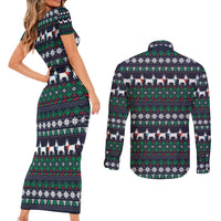 Cute Reindeer in Santa Hat Couples Matching Short Sleeve Bodycon Dress and Long Sleeve Button Shirt with Red Green Snowflake Knit Pattern Design - Wonder Print Shop