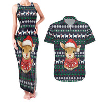 Cute Reindeer in Santa Hat Couples Matching Tank Maxi Dress and Hawaiian Shirt with Red Green Snowflake Knit Pattern Design - Wonder Print Shop