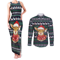 Cute Reindeer in Santa Hat Couples Matching Tank Maxi Dress and Long Sleeve Button Shirt with Red Green Snowflake Knit Pattern Design - Wonder Print Shop