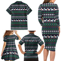 Cute Reindeer in Santa Hat Family Matching Long Sleeve Bodycon Dress and Hawaiian Shirt with Red Green Snowflake Knit Pattern Design - Wonder Print Shop