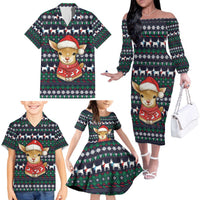 Cute Reindeer in Santa Hat Family Matching Off The Shoulder Long Sleeve Dress and Hawaiian Shirt with Red Green Snowflake Knit Pattern Design - Wonder Print Shop