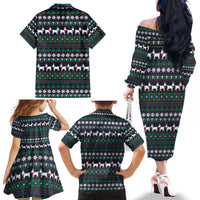 Cute Reindeer in Santa Hat Family Matching Off The Shoulder Long Sleeve Dress and Hawaiian Shirt with Red Green Snowflake Knit Pattern Design - Wonder Print Shop