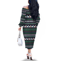 Cute Reindeer in Santa Hat Family Matching Off The Shoulder Long Sleeve Dress and Hawaiian Shirt with Red Green Snowflake Knit Pattern Design - Wonder Print Shop