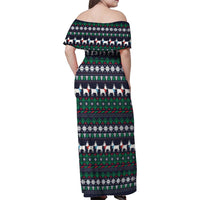 Cute Reindeer in Santa Hat Family Matching Off Shoulder Maxi Dress and Hawaiian Shirt with Red Green Snowflake Knit Pattern Design - Wonder Print Shop