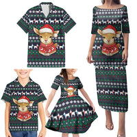 Cute Reindeer in Santa Hat Family Matching Puletasi and Hawaiian Shirt with Red Green Snowflake Knit Pattern Design - Wonder Print Shop