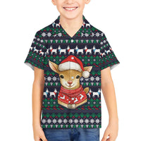 Cute Reindeer in Santa Hat Family Matching Puletasi and Hawaiian Shirt with Red Green Snowflake Knit Pattern Design - Wonder Print Shop