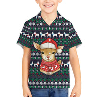 Cute Reindeer in Santa Hat Family Matching Short Sleeve Bodycon Dress and Hawaiian Shirt with Red Green Snowflake Knit Pattern Design - Wonder Print Shop