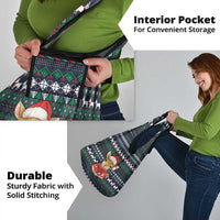 Cute Reindeer in Santa Hat Grocery Bag with Red Green Snowflake Knit Pattern Design - Wonder Print Shop