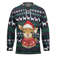 Cute Reindeer in Santa Hat Hockey Jersey with Red Green Snowflake Knit Pattern Design - Wonder Print Shop