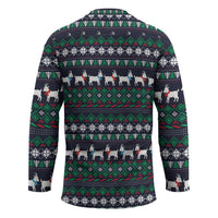 Cute Reindeer in Santa Hat Hockey Jersey with Red Green Snowflake Knit Pattern Design - Wonder Print Shop