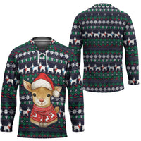 Cute Reindeer in Santa Hat Hockey Jersey with Red Green Snowflake Knit Pattern Design - Wonder Print Shop