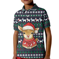 Cute Reindeer in Santa Hat Kid Polo Shirt with Red Green Snowflake Knit Pattern Design - Wonder Print Shop