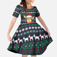 Cute Reindeer in Santa Hat Kid Short Sleeve Dress with Red Green Snowflake Knit Pattern Design - Wonder Print Shop