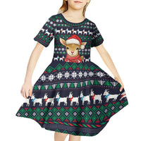 Cute Reindeer in Santa Hat Kid Short Sleeve Dress with Red Green Snowflake Knit Pattern Design - Wonder Print Shop